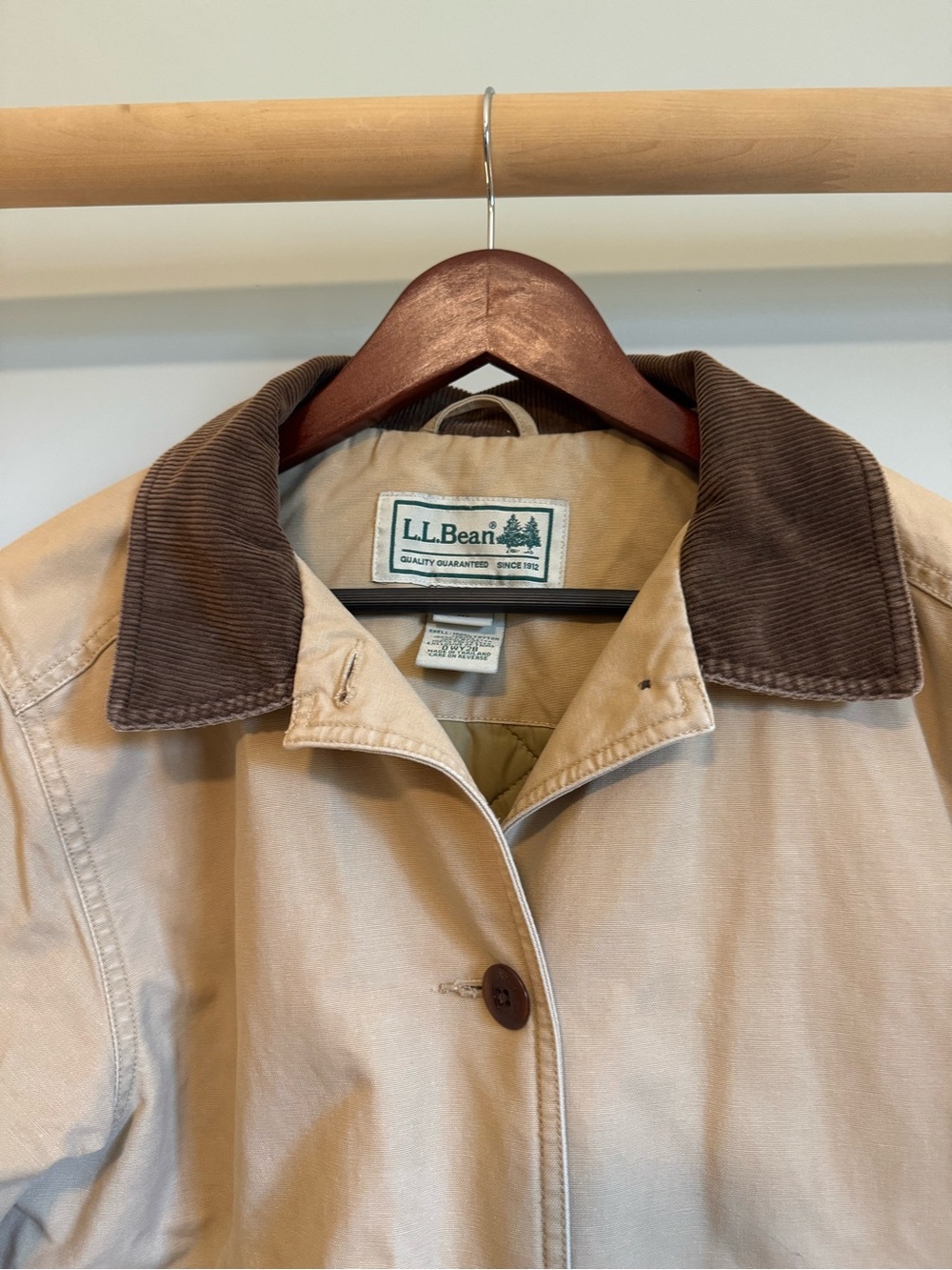 L.L. Bean Women's Khaki Barn Coat with Brown Corduroy Collar - Picture 4 of 10